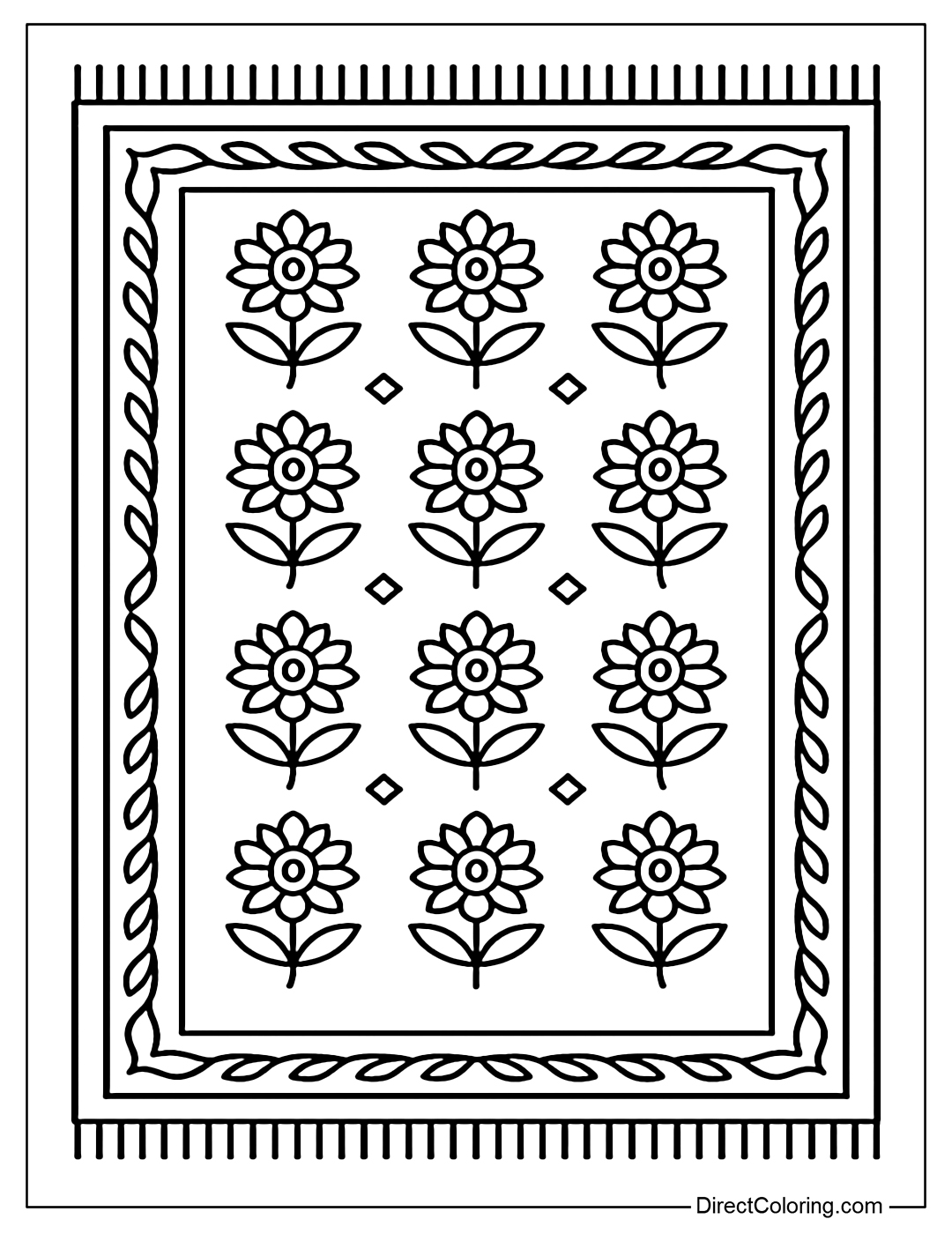 Coloring page of a simple Persian carpet pattern, with a balanced repeating pattern.